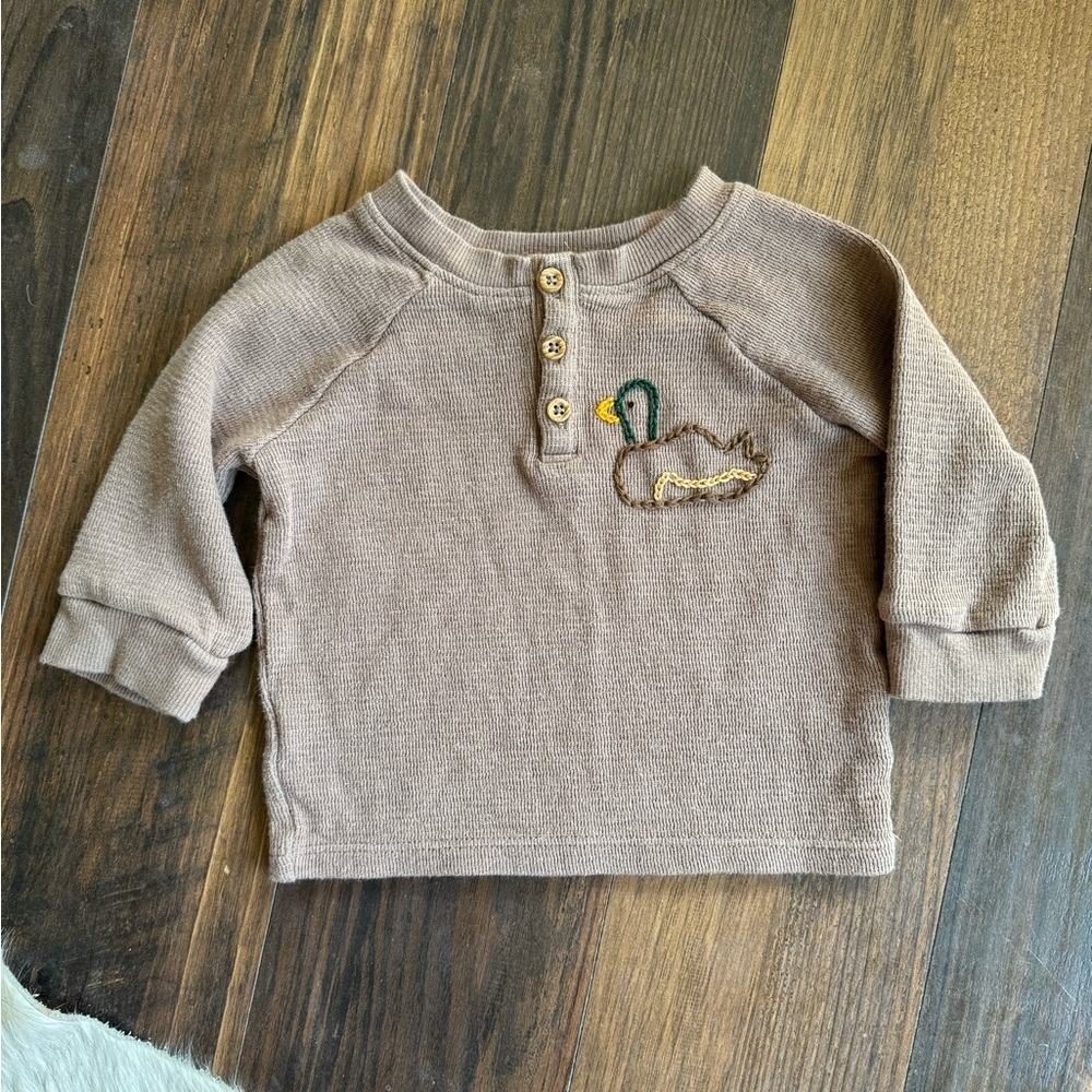 Hand Embroidered Mallard Duck Henley 6/9 months Cotton